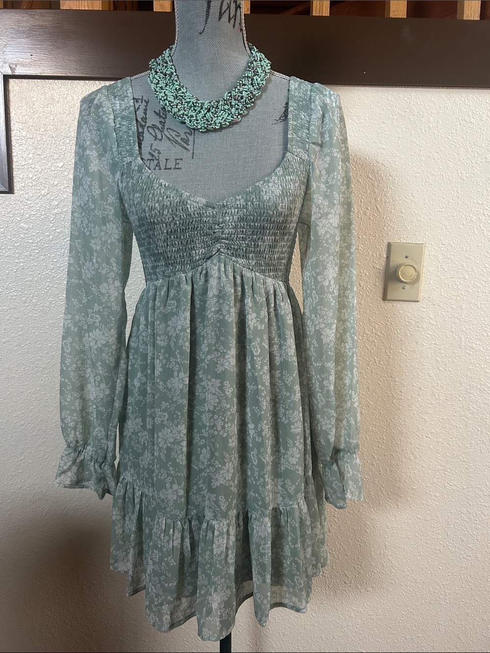 Smocked Empire Long-Sleeve Floral Dress in Light Sage - Women